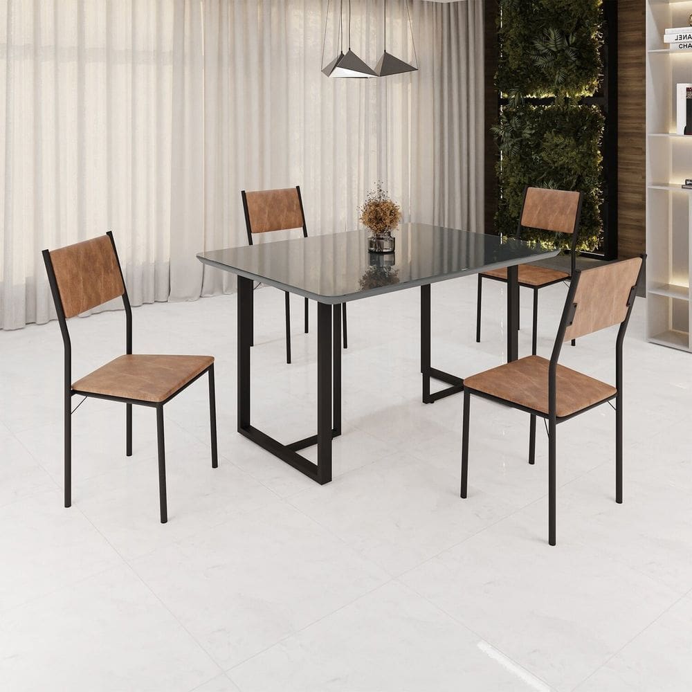 Conjunto Sala de Jantar Mesa 120x90cm Base Lunna Tampo Mdf Laca com Vidro Florença Marrom/Preto