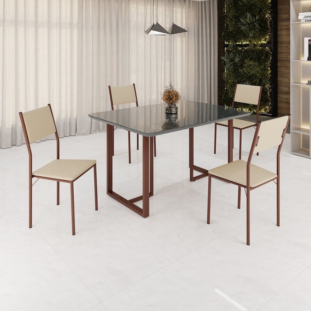 Conjunto Sala de Jantar Mesa 120x90cm Base Lunna Tampo Mdflaca com Vidro Florença Creme/Marrom