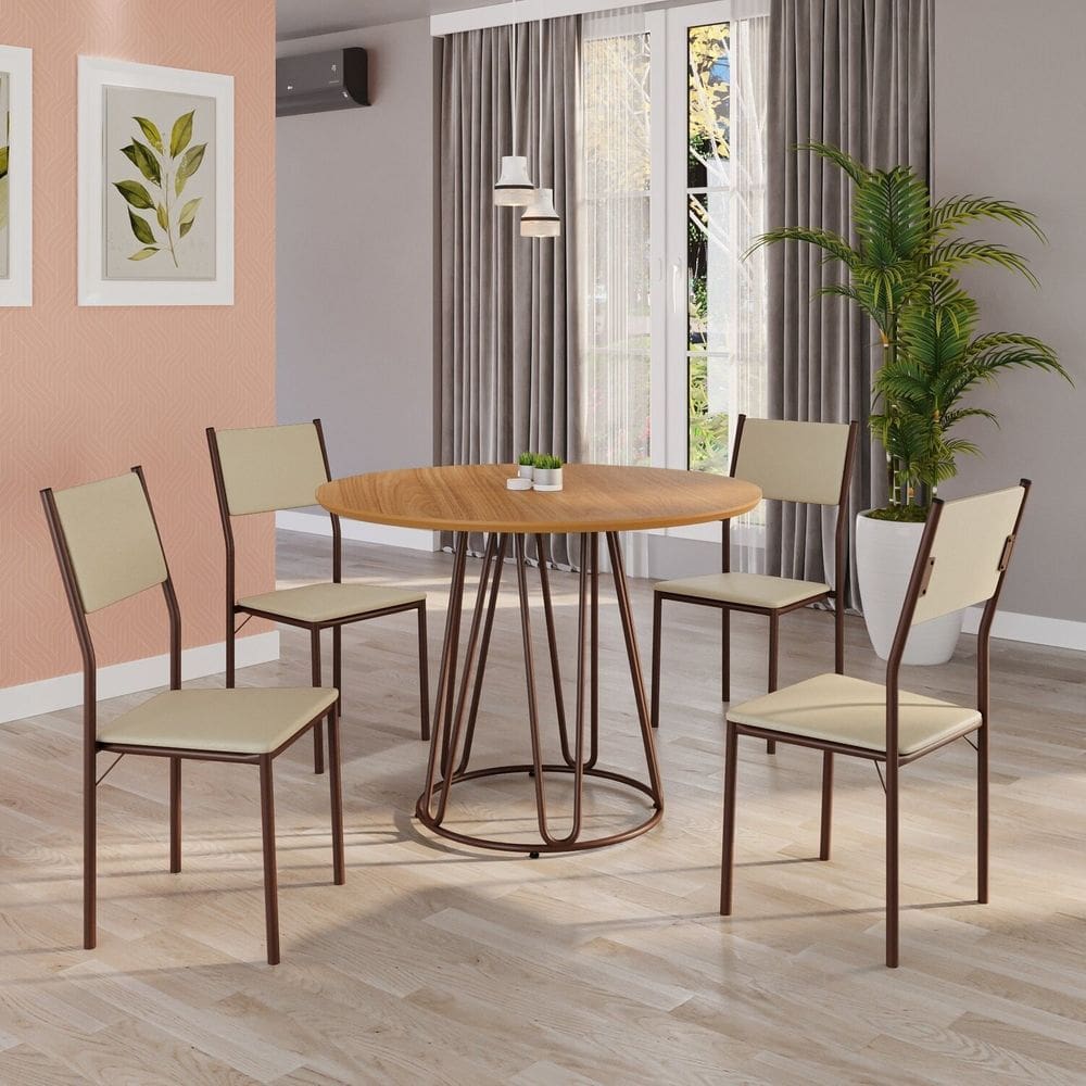 Conjunto Sala de Jantar Mesa Redonda 100cm Base Omega Tampo Mdf Florença Creme / Marrom