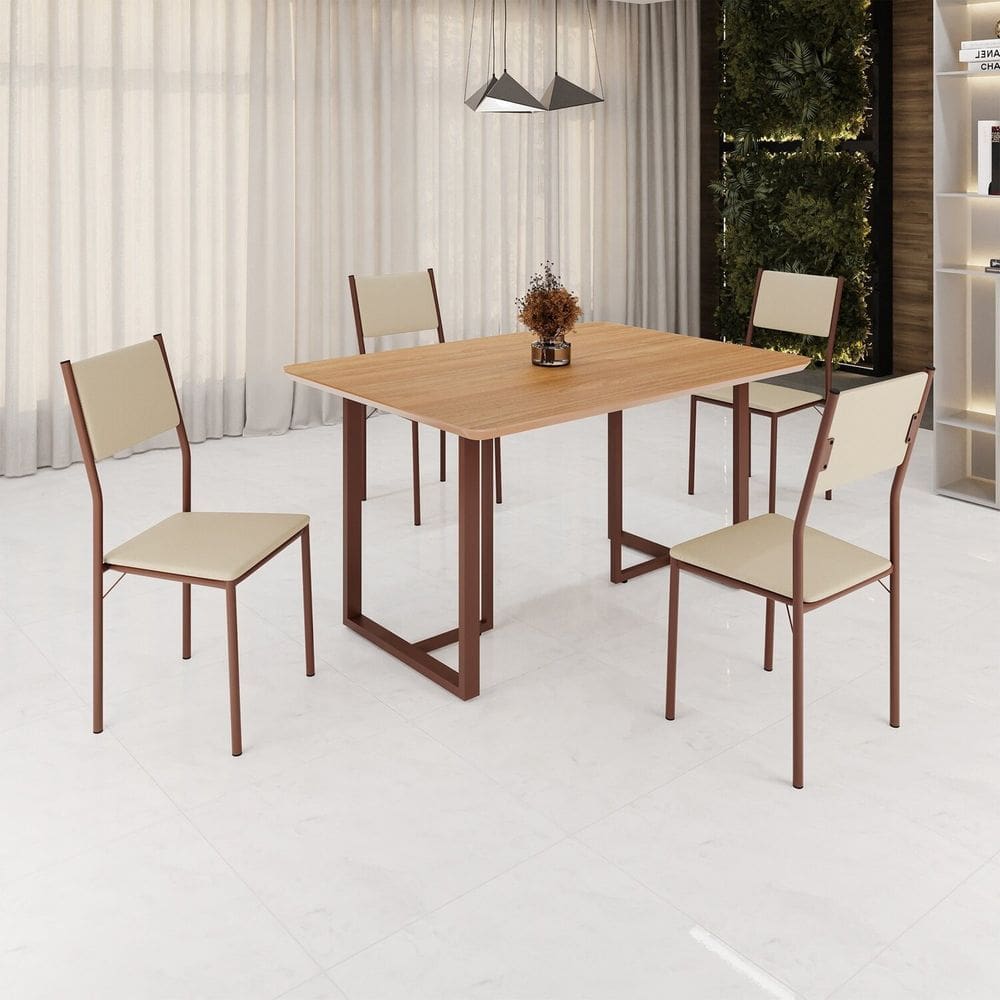 Conjunto Sala de Jantar Mesa 120x90cm Base Lunna Tampo Mdf Florença Creme/Marrom