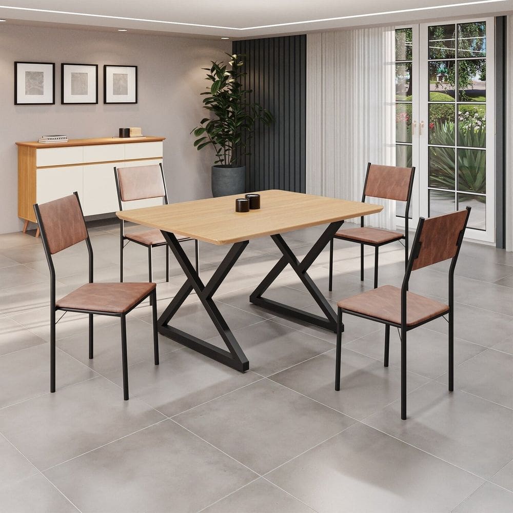 Conjunto Sala de Jantar Mesa 120x90cm Base Império Tampo Mdf Florença Marrom/Preto