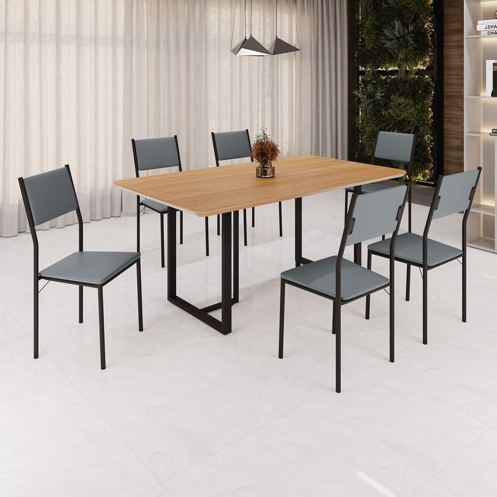 Conjunto Sala de Jantar Mesa 160x90cm Base Lunna Tampo Mdf Florença Grafite/Preto