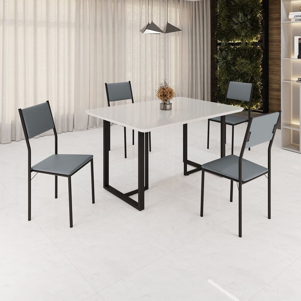 Conjunto Sala de Jantar Mesa 120x90cm Base Lunna Tampo Mdf Laca com Vidro Florença Grafite/Preto