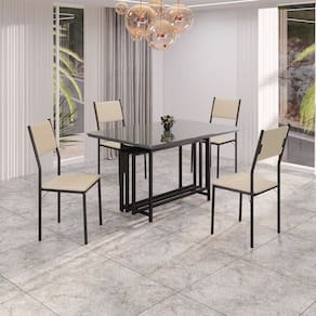 Conjunto Sala de Jantar Mesa 120cm X 90cm Base Pérola Tampo Mdf Laca com Vidro Florença Creme / Preto