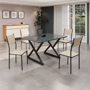 Conjunto Sala de Jantar Mesa 120x90cm Base Império Tampo Mdf Laca com Vidro Florença Creme/Preto