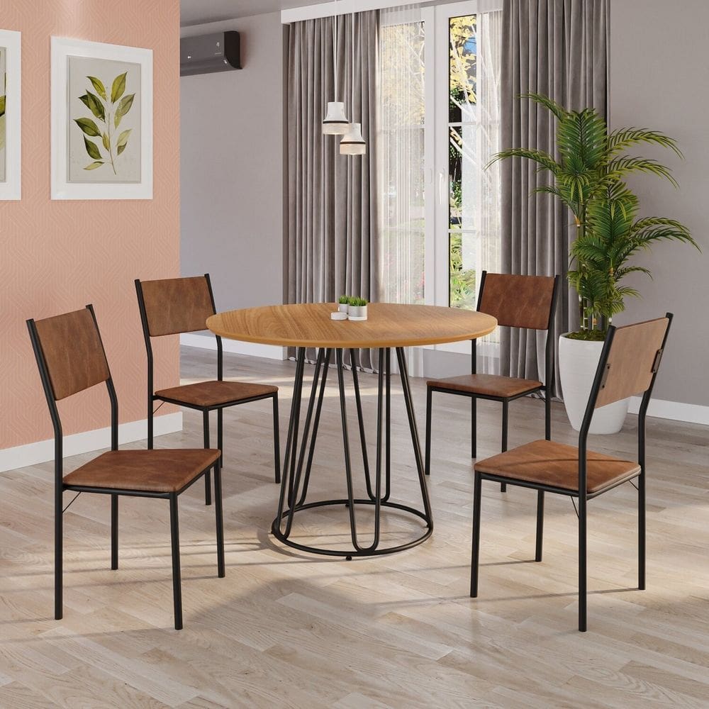 Conjunto Sala de Jantar Mesa Redonda 100cm Base Omega Tampo Mdf Florença marrom / preto