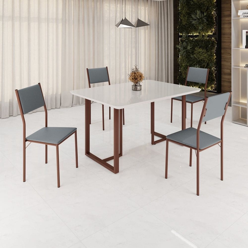 Conjunto Sala de Jantar Mesa 120x90cm Base Lunna Tampo Mdf Laca com Vidro Florença Grafite/Marrom