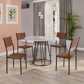Conjunto Sala de Jantar Mesa Redonda 100cm Base Omega Tampo Mdf Laca com Vidro Florença marrom / preto