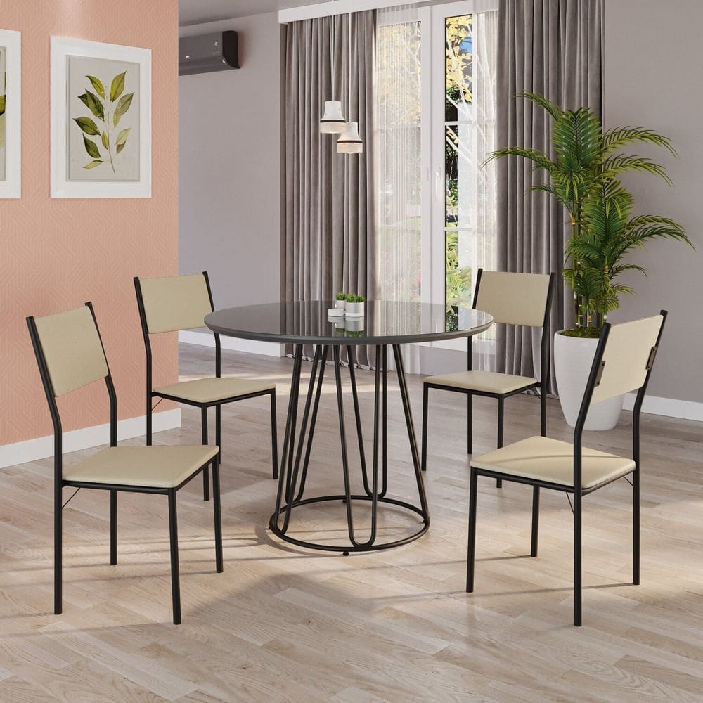 Conjunto Sala de Jantar Mesa Redonda 100cm Base Omega Tampo Mdf Laca com Vidro Florença Creme / Preto
