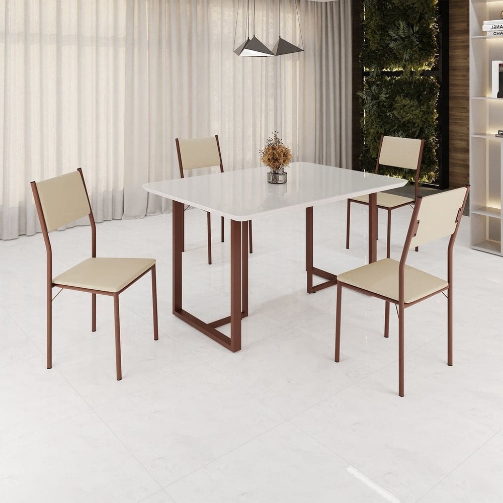 Conjunto Sala de Jantar Mesa 120x90cm Base Lunna Tampo Mdf Laca com Vidro Florença Creme/Marrom