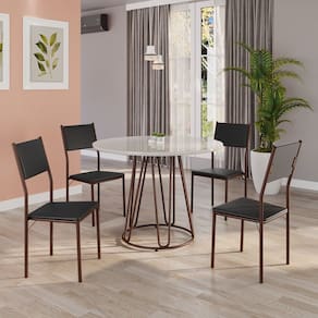 Conjunto Sala de Jantar Mesa Redonda 100cm Base Omega Tampo Mdf Laca com Vidro Florença Preto / Marrom