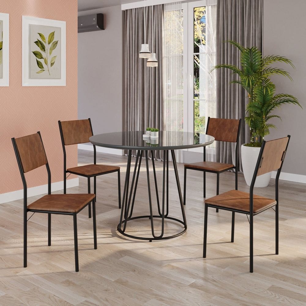 Conjunto Sala de Jantar Mesa Redonda 100cm Base Omega Tampo Mdf Laca com Vidro Florença marrom / preto