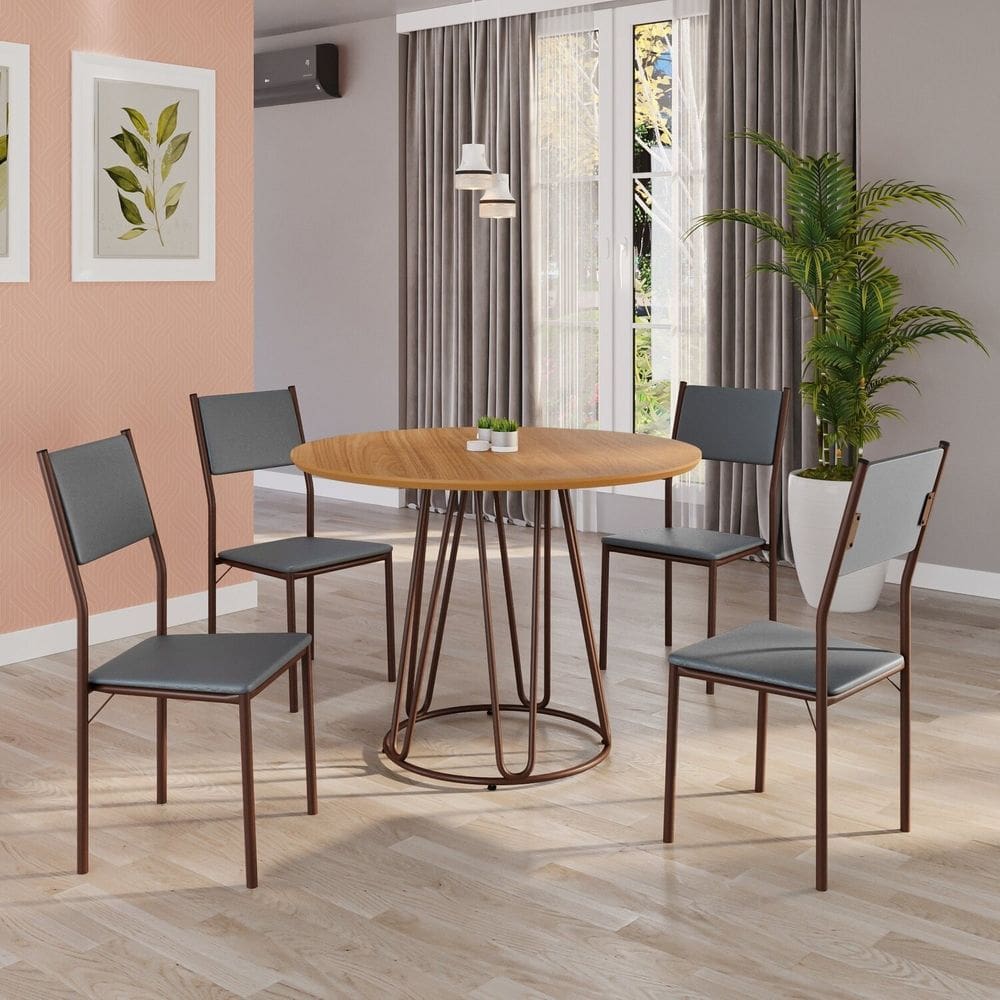 Conjunto Sala de Jantar Mesa Redonda 100cm Base Omega Tampo Mdf Florença Grafite / Marrom