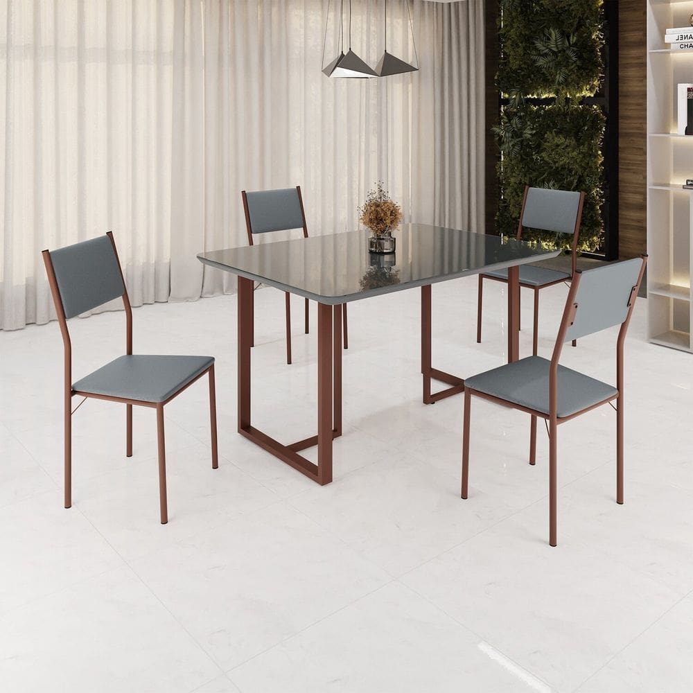 Conjunto Sala de Jantar Mesa 120x90cm Base Lunna Tampo Mdf Laca com Vidro Florença Grafite/Marrom