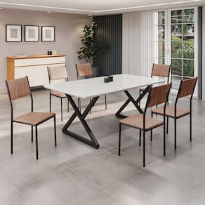 Conjunto Sala de Jantar Mesa 160x90cm Base Império Tampo Mdf Laca com Vidro Florença Marrom/Preto
