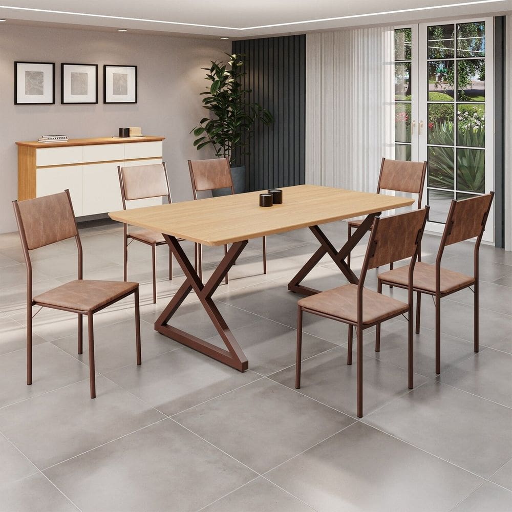 Conjunto Sala de Jantar Mesa 160x90cm Base Império Tampo Mdf Florença Marrom