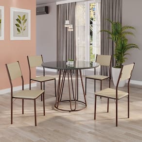Conjunto Sala de Jantar Mesa Redonda 100cm Base Omega Tampo Mdf Laca com Vidro Florença Creme / Marrom