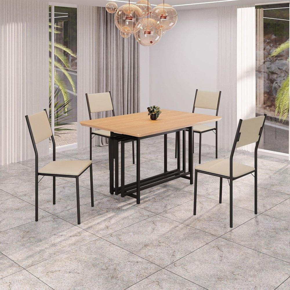 Conjunto Sala de Jantar Mesa 120x90cm Base Pérola Tampo Mdf Florença Creme / Preto Fosco