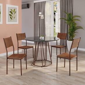Conjunto Sala de Jantar Mesa Redonda 100cm Base Omega Tampo Mdf Laca com Vidro Florença Marrom