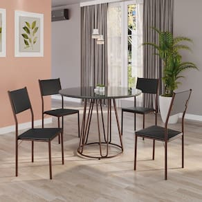 Conjunto Sala de Jantar Mesa Redonda 100cm Base Omega Tampo Mdf Laca com Vidro Florença Preto/ Marrom