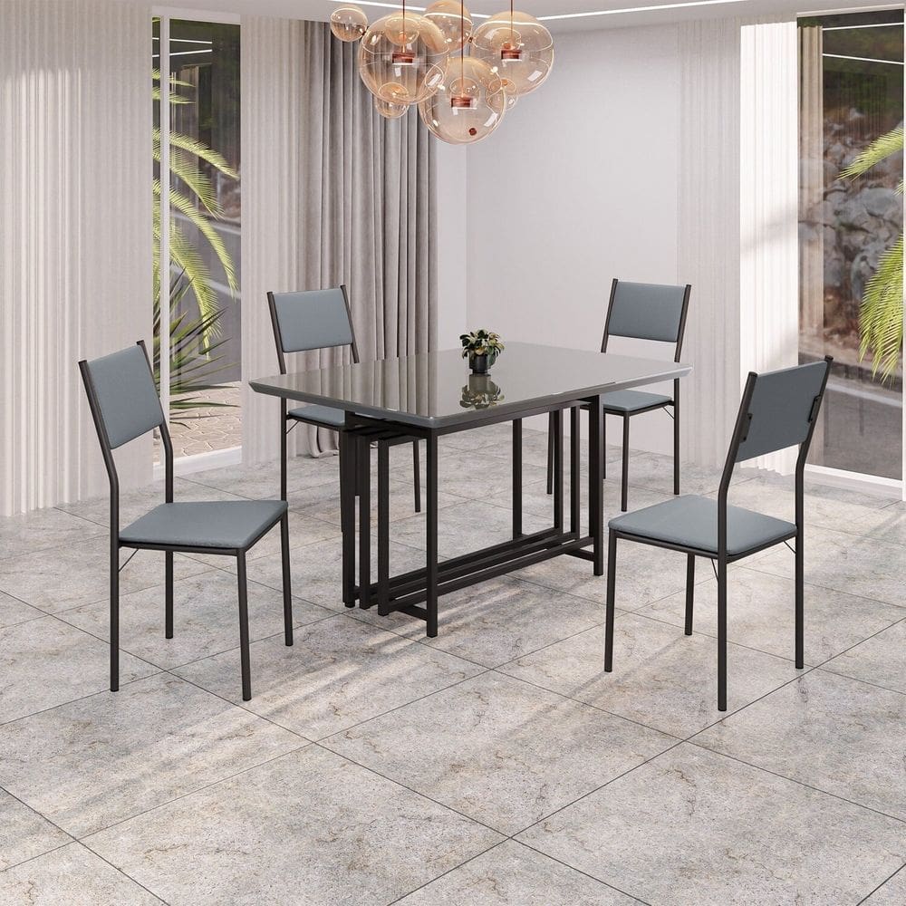 Conjunto Sala de Jantar Mesa 120cm X 90cm Base Pérola Tampo Mdf Laca com Vidro Florença Grafite / Preto