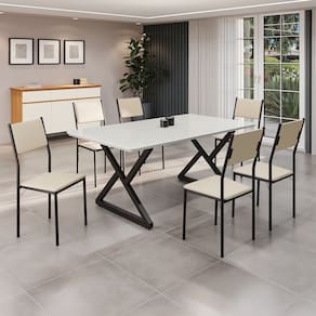 Conjunto Sala de Jantar Mesa 160x90cm Base Império Tampo Mdf Laca com Vidro Florença Creme/Preto