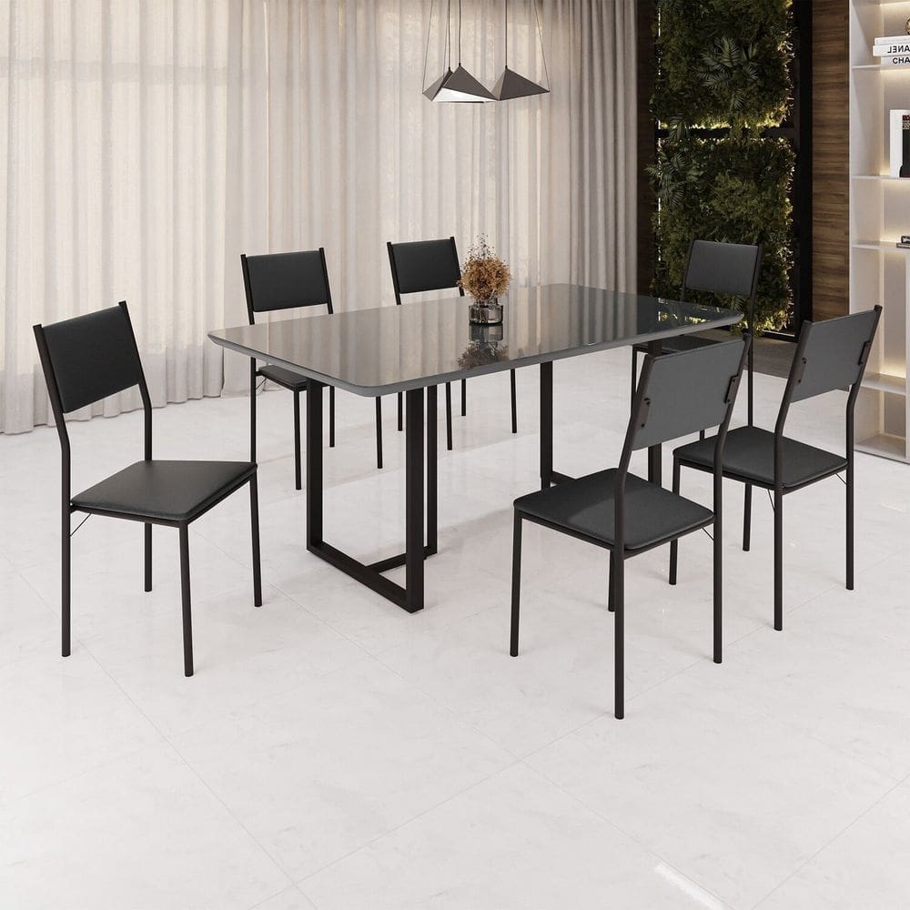 Conjunto Sala de Jantar Mesa 160x90cm Base Lunna Tampo Mdf Laca com Vidro Florença Preto