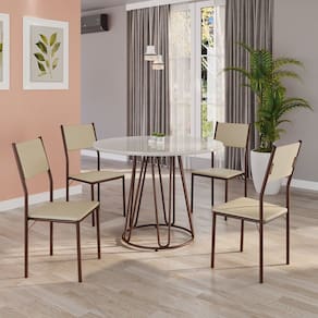 Conjunto Sala de Jantar Mesa Redonda 100cm Base Omega Tampo Mdf Laca com Vidro Florença Creme / Marrom