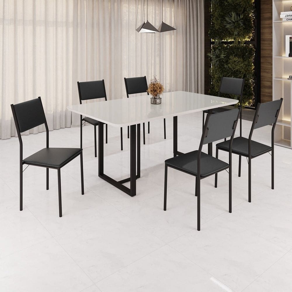 Conjunto Sala de Jantar Mesa 160x90cm Base Lunna Tampo Mdf Laca com Vidro Florença Preto