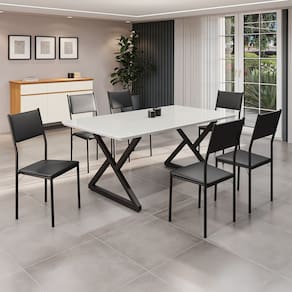 Conjunto Sala de Jantar Mesa 160x90cm Base Império Tampo Mdf Laca com Vidro Florença Preto