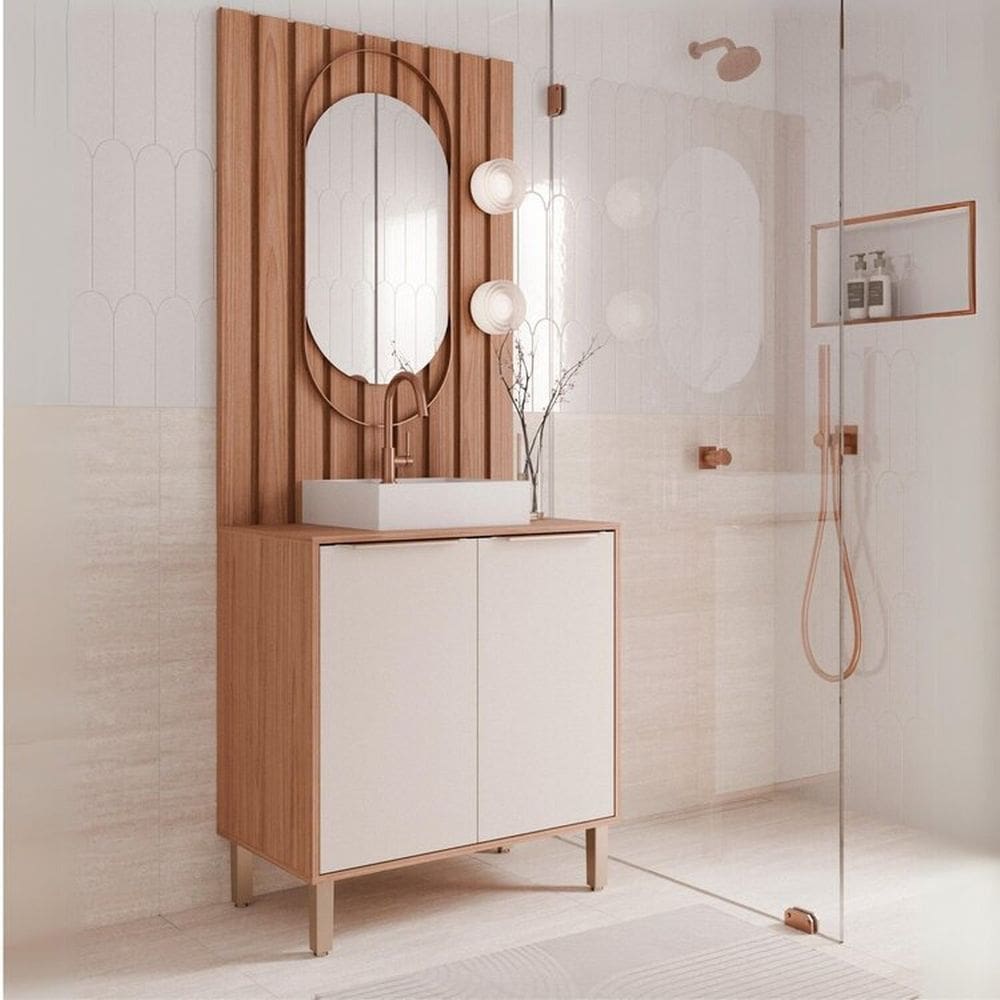 Conjunto de Banheiro Completo com Armário 80cm Painel Ripado Cuba e Espelheira Elis Yescasa Freijó/Offwhite