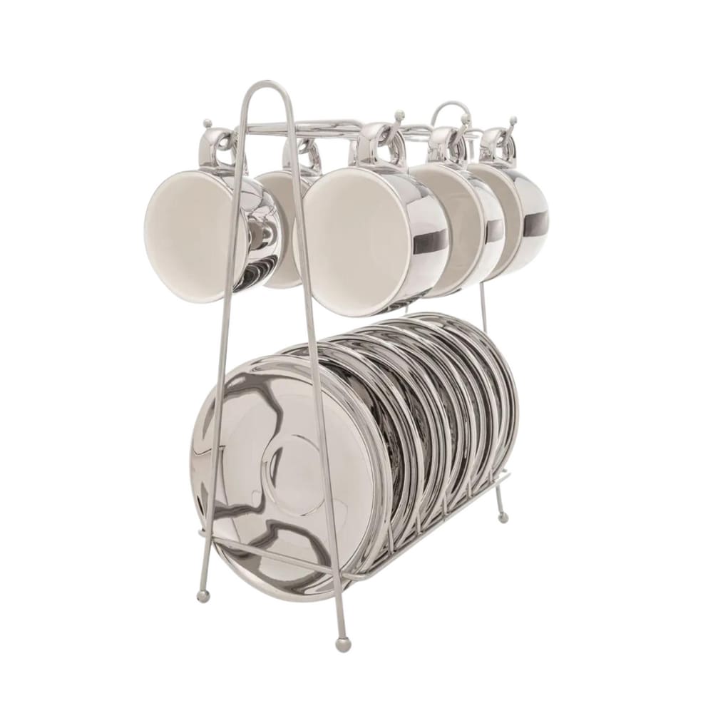 Conjunto Para Café Com Suporte Em Porcelana Versa Com 13 Peças Wolff Branco e Prata