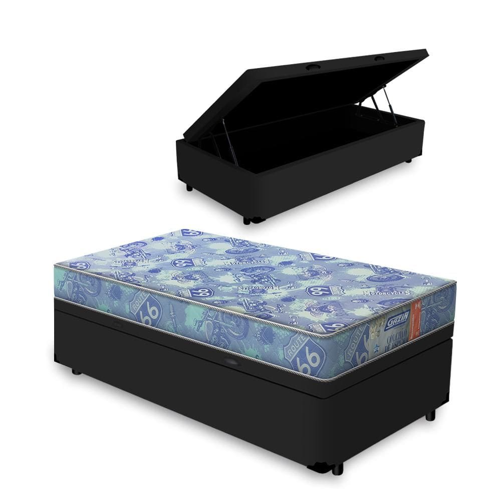 Cama Box com Baú Solteiro Preta + Colchão de Espuma D20 - Gazin - Supreme 78x188x47cm