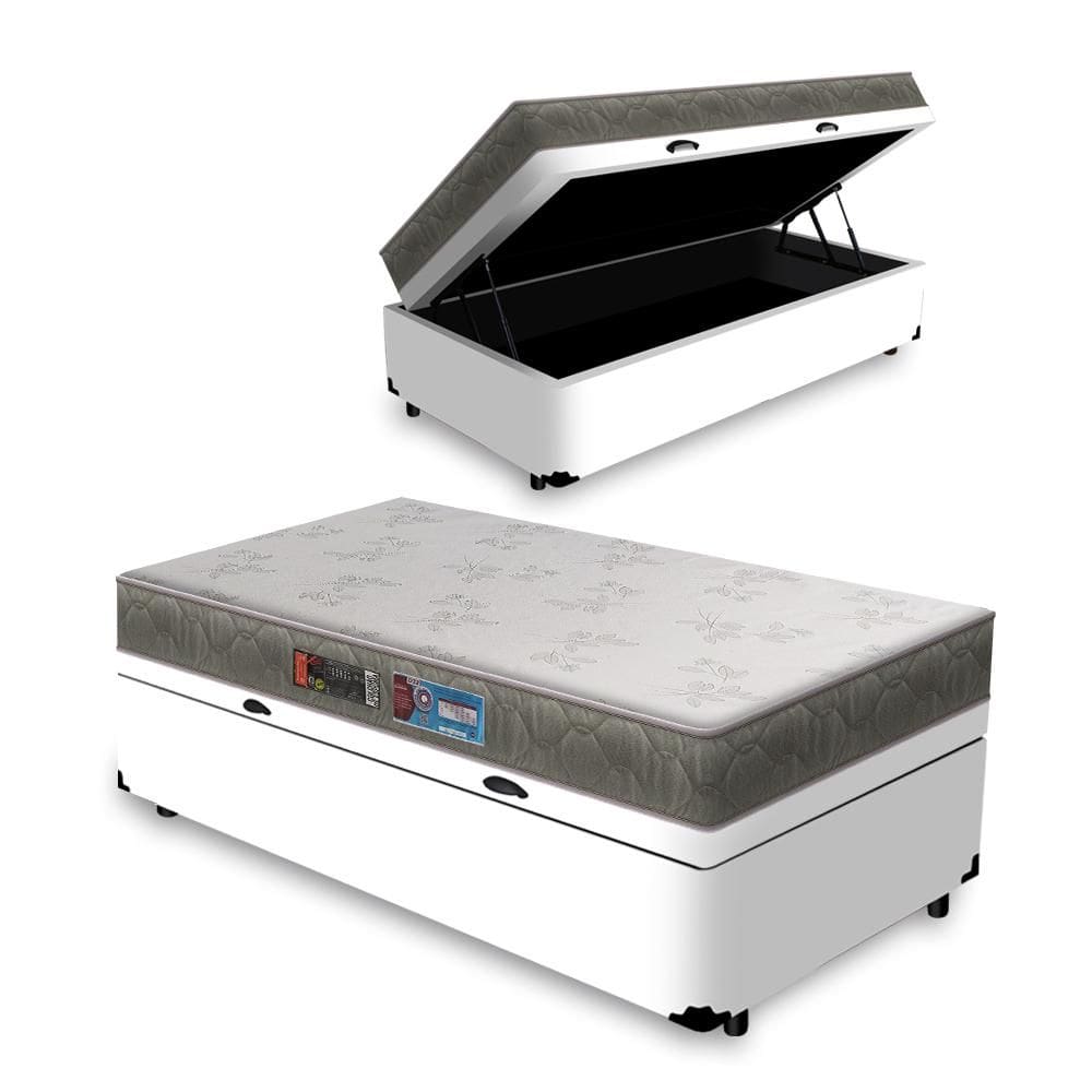 Cama Box Baú Solteiro  Branco + Colchão de Espuma D33 - Castor - Sleep Max 78x188x55cm