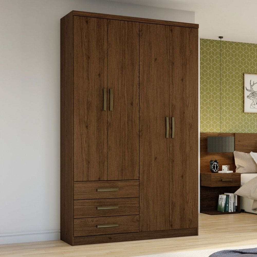 Guarda-Roupa Solteiro Caju 4 Portas 3 Gavetas Castanho - Henn