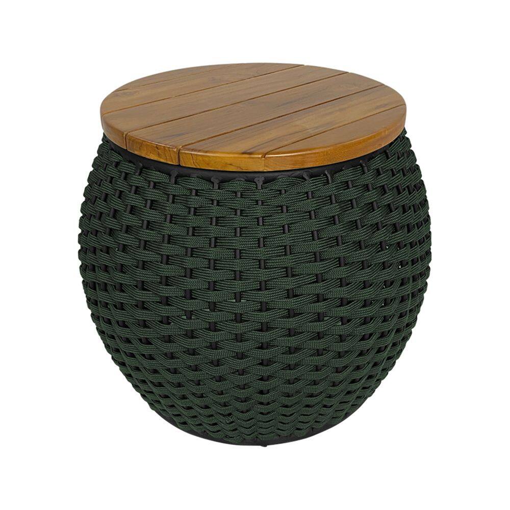 Puff Barril Alumínio Tampo Madeira Corda Náutica Verde Militar