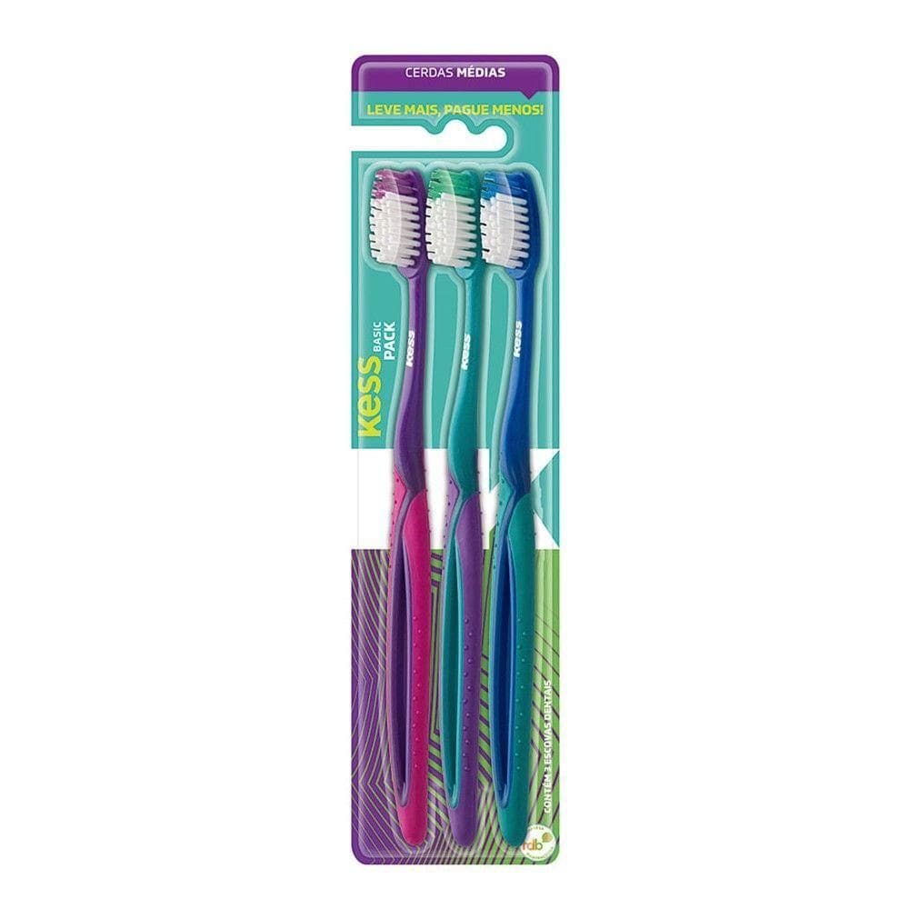 Pack C- 3 Escovas Dentais Basic Plus Cerdas Médias Kess