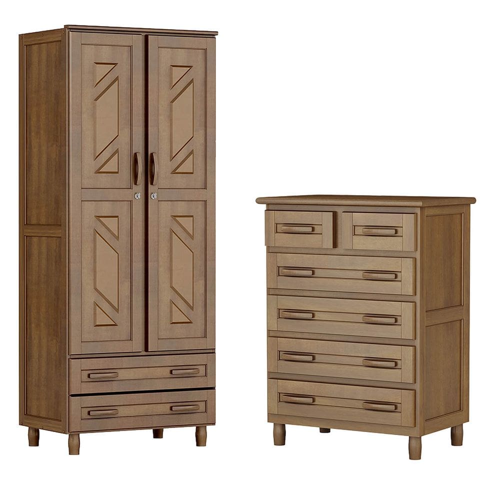 Conjunto Quarto Guarda-Roupa Multiuso Flex 2 Portas 2 Gavetas Cômoda 6 Gavetas Madeira Pinus Imbuia - Cavazotto
