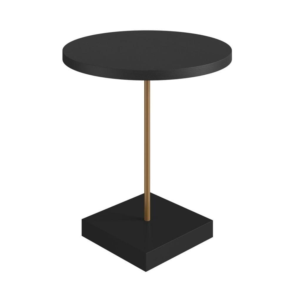 Mesa Lateral Redonda Artesano 45 cm Larg Tampo e Base MDP Preto c/ Tubo Metálico Aço Carbono Dourado