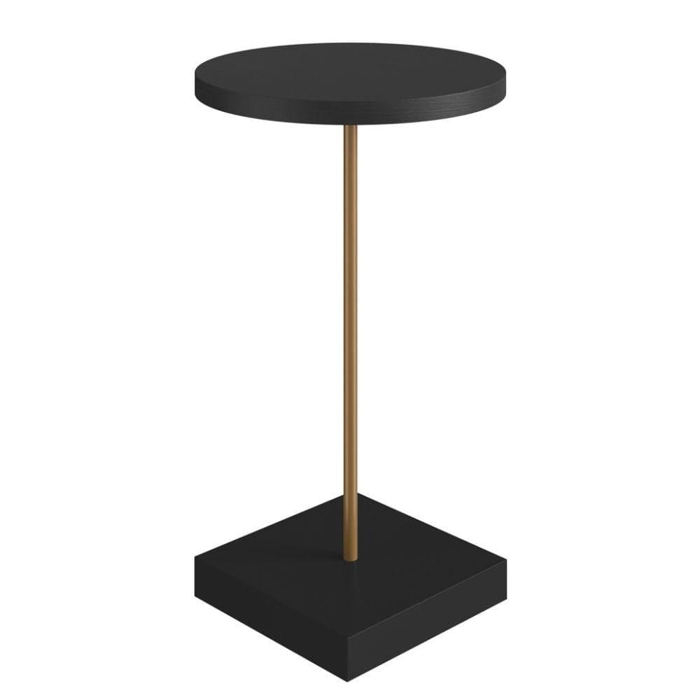 Mesa Lateral Redonda Artesano 35 cm Larg Tampo e Base MDP Preto c/ Tubo Metálico Aço Carbono Dourado