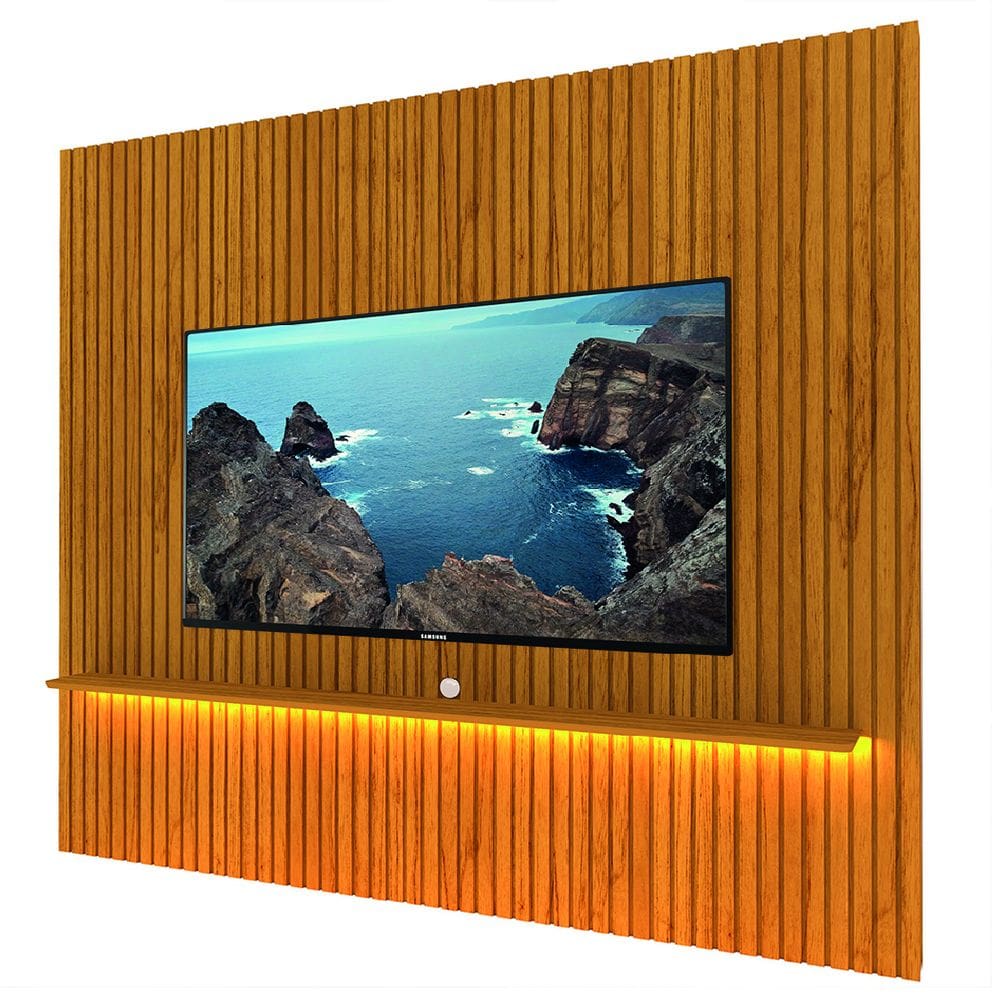 Painel Ripado Para TV Até 90 Polegadas Com Prateleira e LED Nobre Naturale Gelius