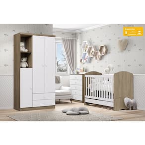 Quarto de Bebê Completo Berço Mini Cama Guarda Roupa 3 Portas 2 Gavetas e Cômoda 5 Gavetas Bala de Menta Henn