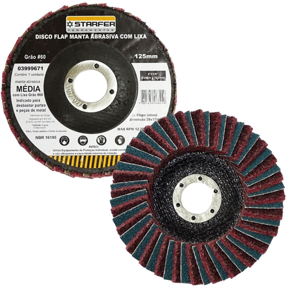 Disco Flap com Manta e Lixa Grão 60 5” Media Vermelha Ideal para Desbaste Lixar Polir Aço Aluminio Metais - Starfer