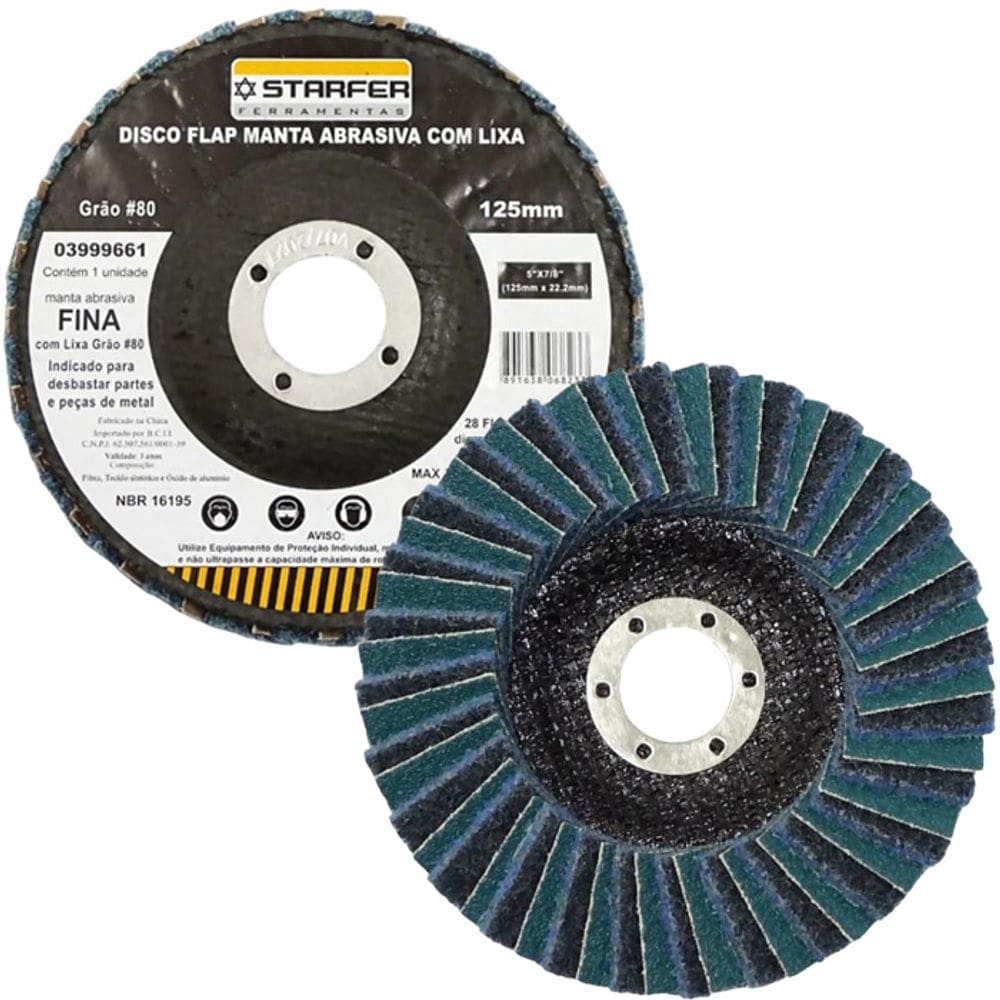 Disco Flap com Manta e Lixa Grão 80 5” Fina Azul Ideal para Desbaste Lixar Polir Aço Aluminio Metais - Starfer