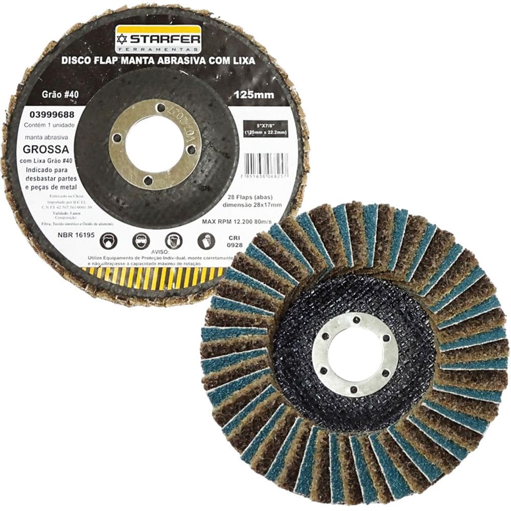 Disco Flap com Manta e Lixa Grão 40 5” Grossa Amarela Ideal para Desbaste Lixar Polir Aço Aluminio Metais - Starfer