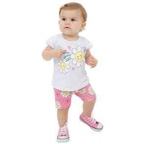 Conjunto Bebê Menina Florzinhas Branco e Rosa Blusa e Short