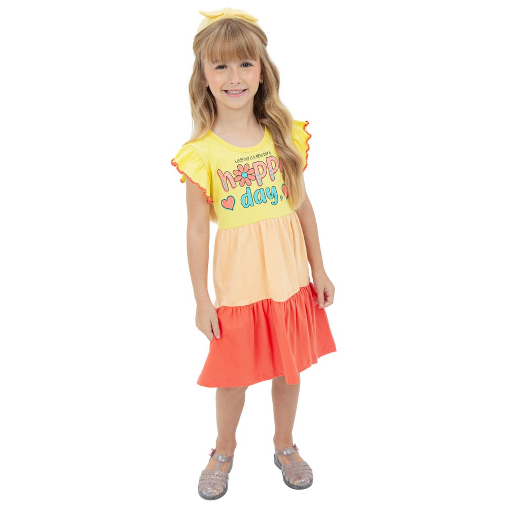 Vestido 3 Marias Meia Malha Amarelo Salmão Laranja Manguinha