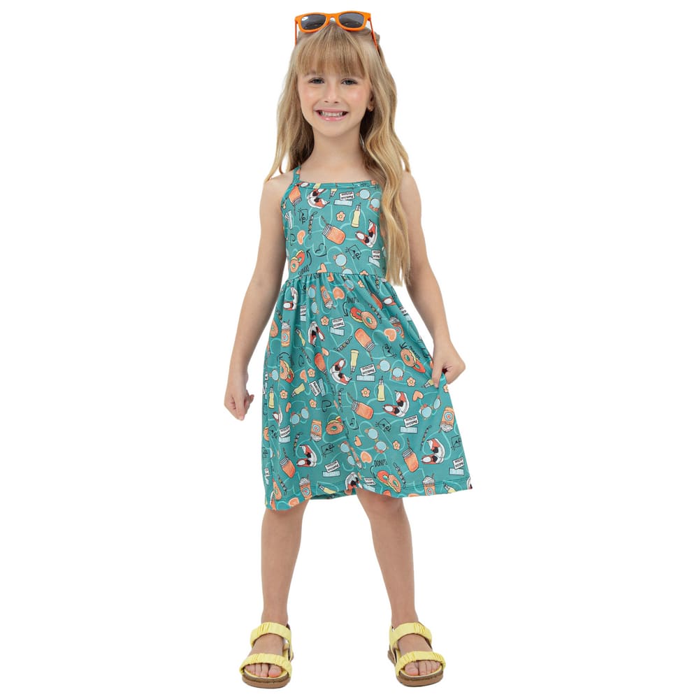 Vestido Alça Verde Crepe Sublimado Estampa Divertida Menina