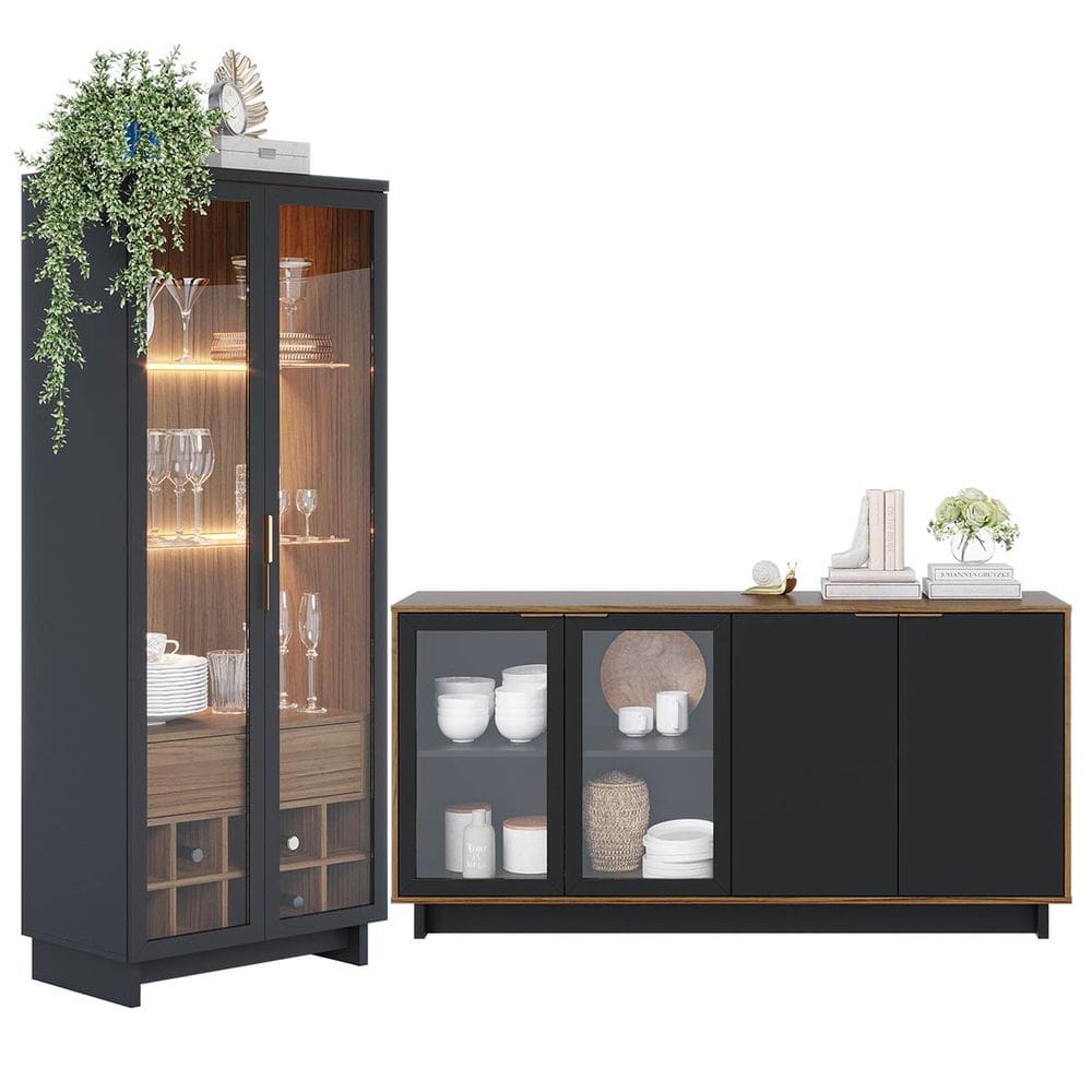 Kit para Sala de Jantar com Cristaleira Led e Buffet Aparador Porta Vidro Preto Colibri