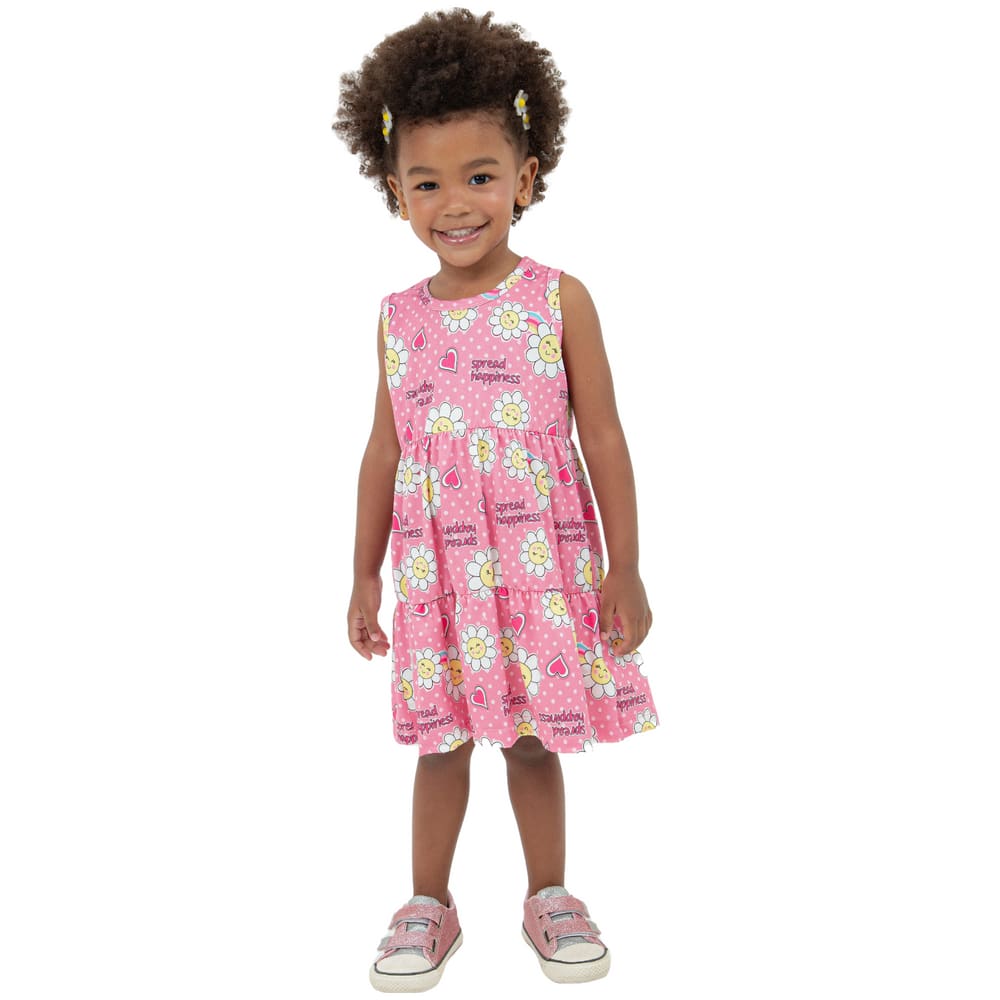 Vestido Bebê Rosa Crepe Sublimado Florzinhas e Poá Sem Manga